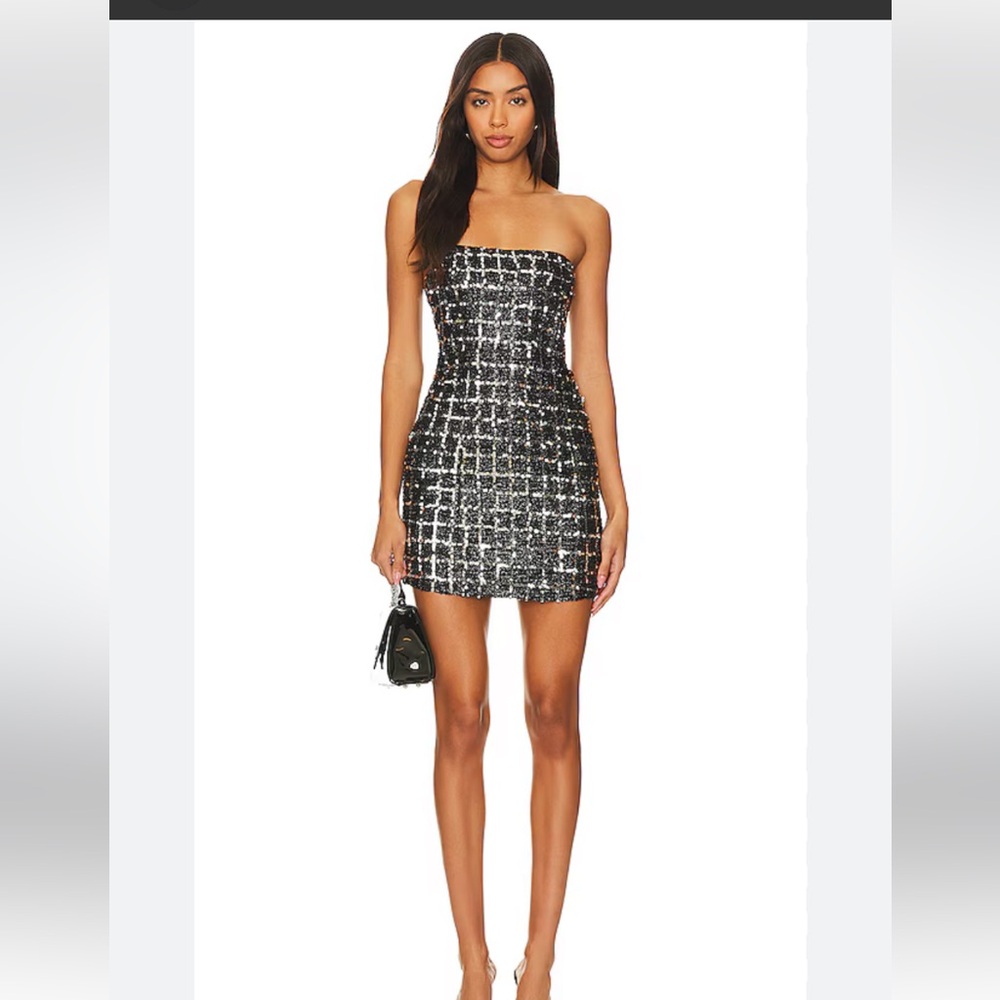 Astr Black and Silver Strapless Tweed Mini Dress Size Large